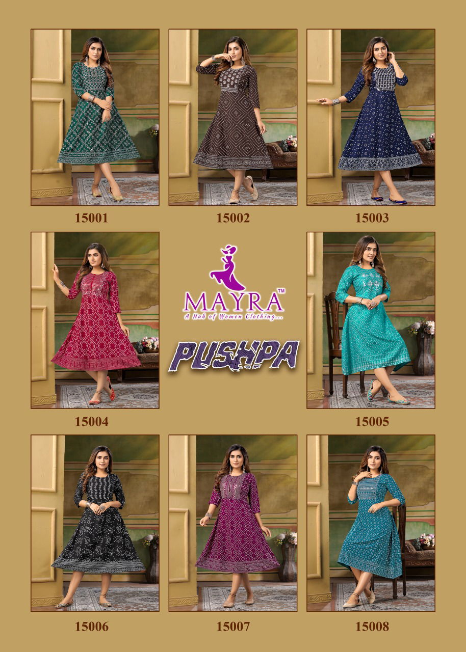 Mayra Pushpa Fancy Ethnic Wear Rayon Printed Anarklai Kurti Collection